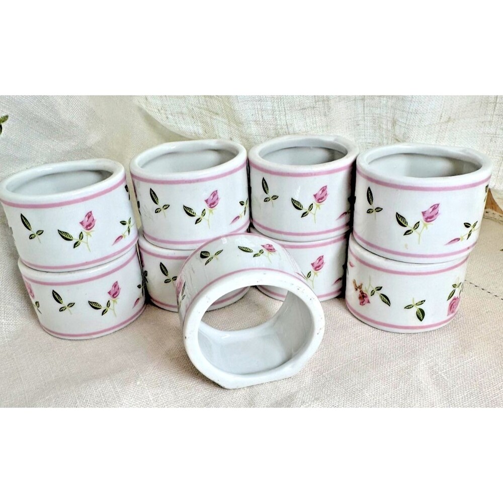9 Porcelain Rose Napkin Rings Green / Pink, Andre Richard, Grandma Cottage Core - Picture 12 of 16